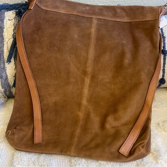 Free People Roswell Boho Slouchy Suede Leather Messenger Bag Tote Cognac Brown - Picture 4 of 16